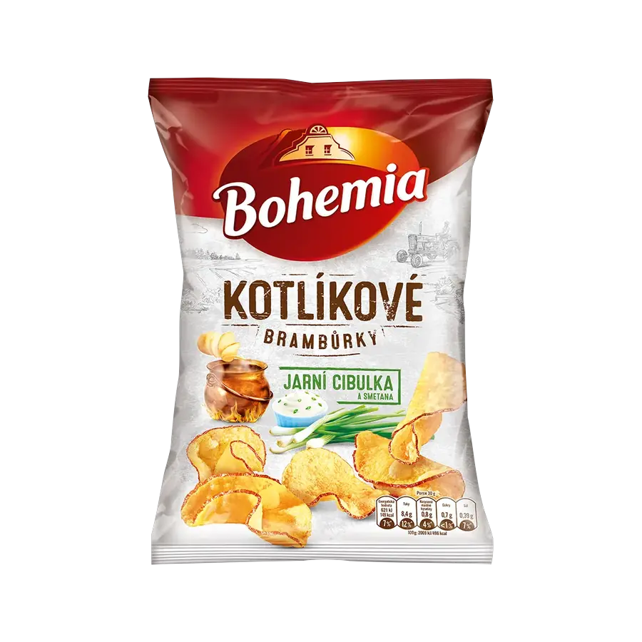 Bohemia Kotlíkové brambůrky jarní cibulka a smetana 100 g — Bohemia